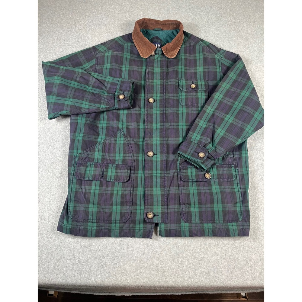 VTG 90s Gap Men M Black Watch Plaid Barn JKT Corduroy Collar Field Coat Green